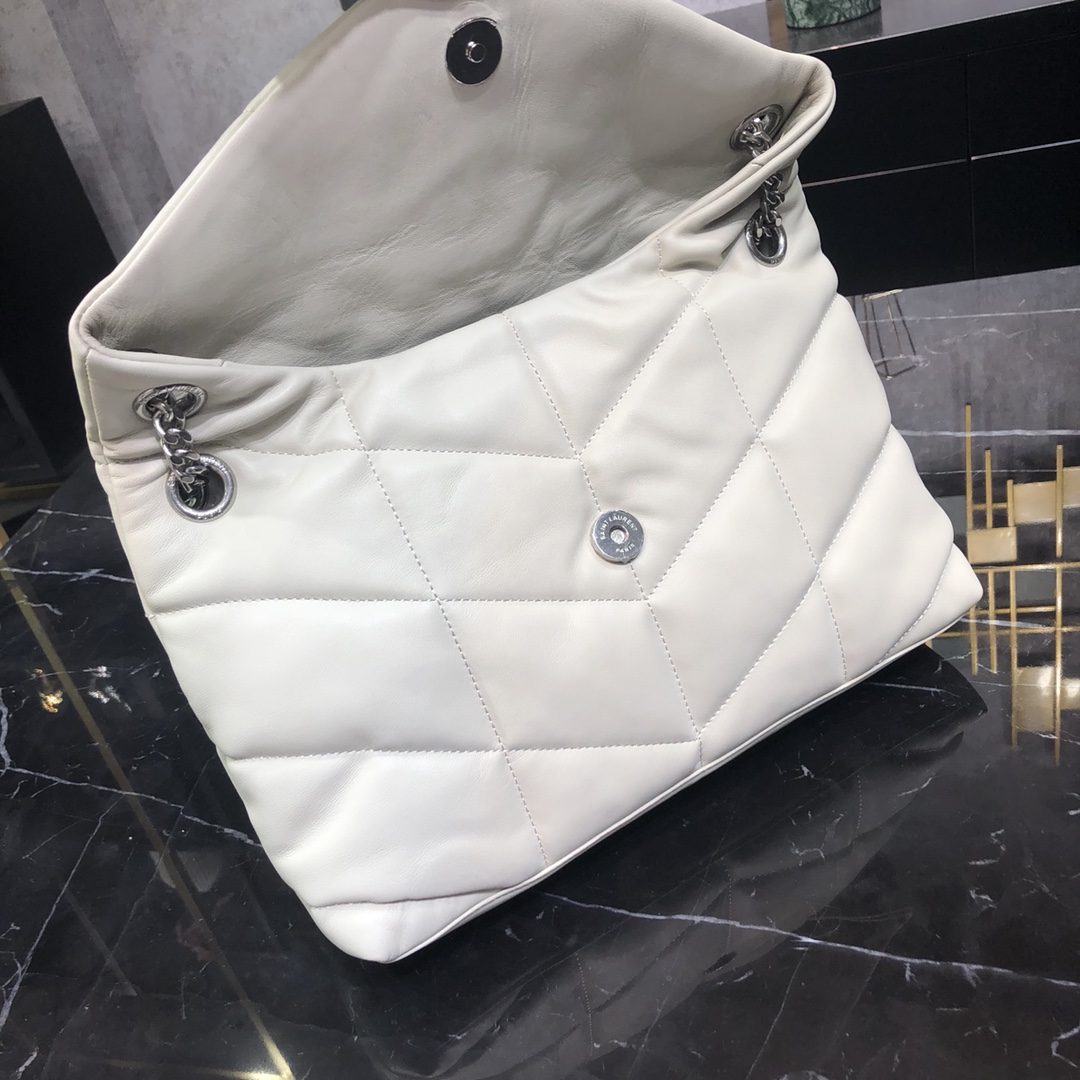 Saint Laurent Loulou Puffer Small Lambskin Shoulder Bag Handbag White 577476 Silver